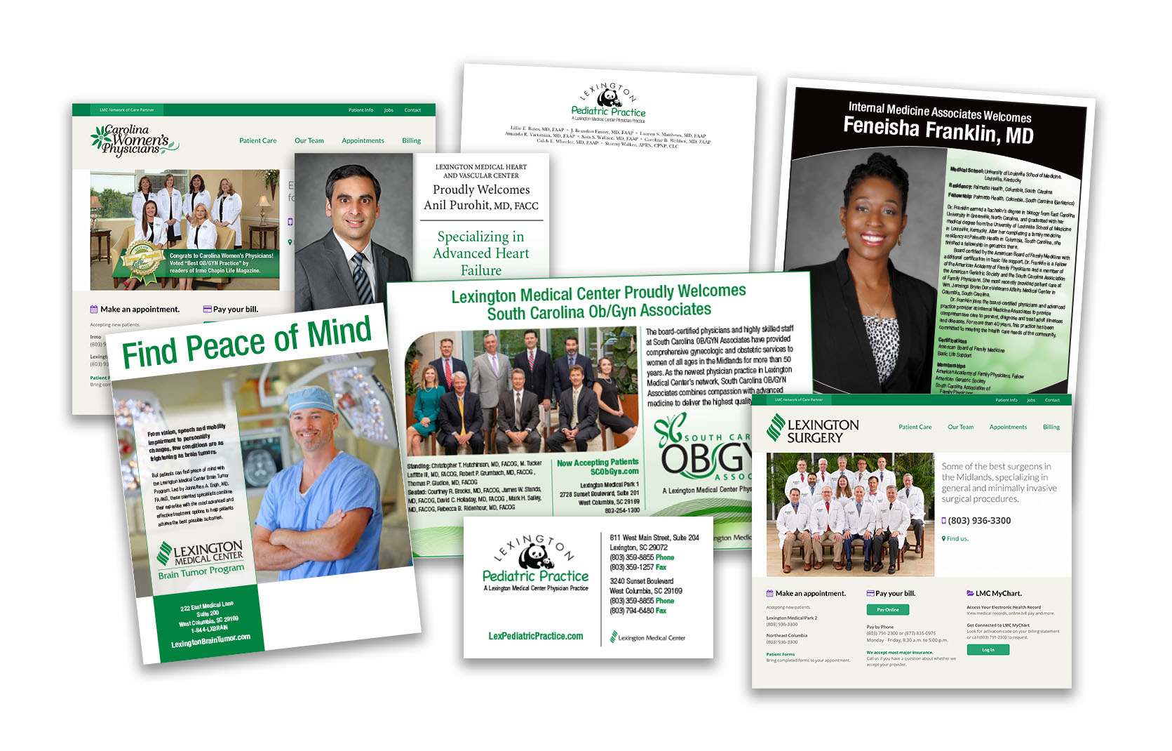 Collage of LMC marketing materials including websites, physician selection guide, direct mail, forms and letterhead featuring practice teams, services and individual physicians.